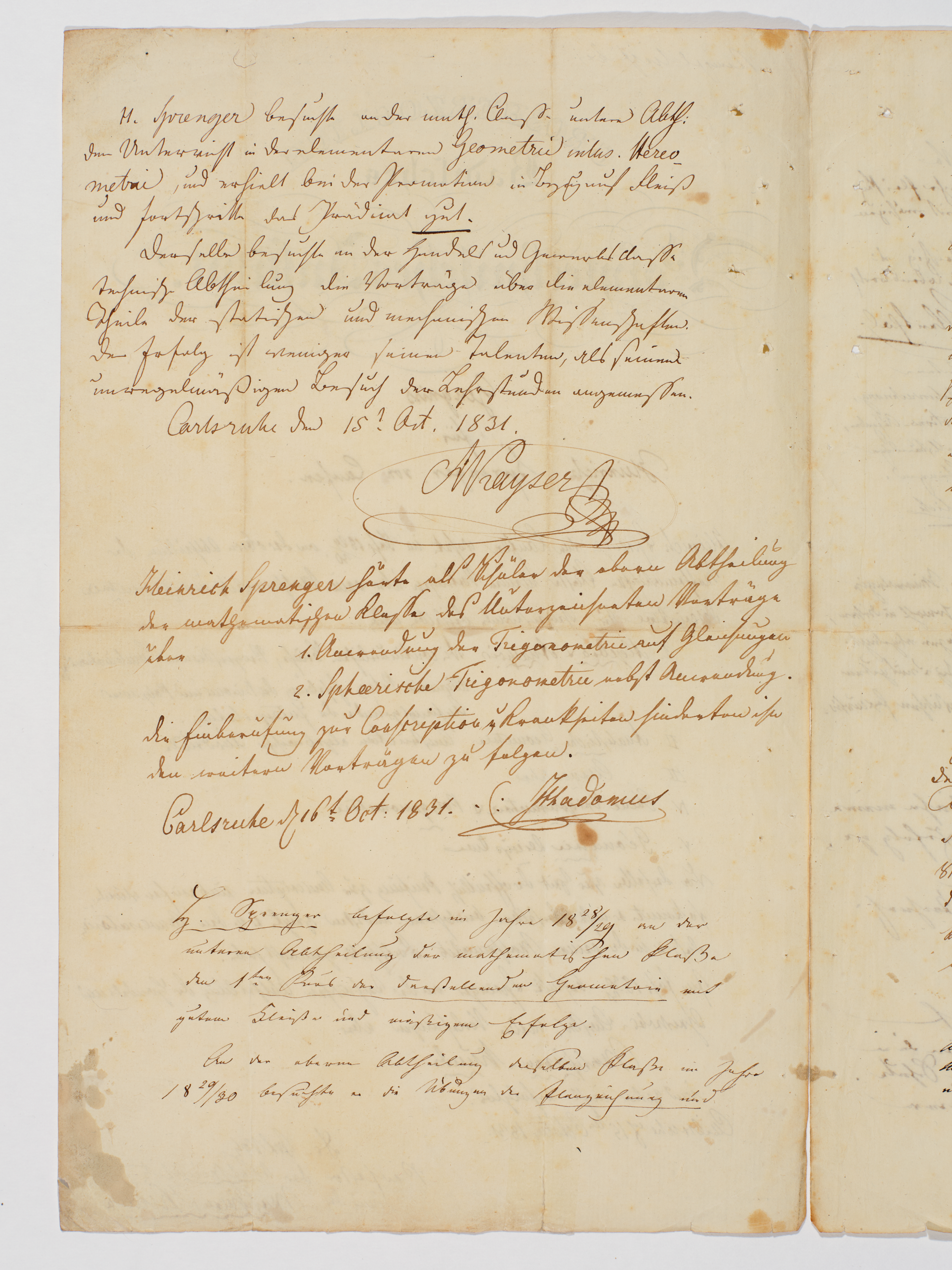 Certificate from Karlsruhe Polytechnical College for Heinrich Sprenger, October 15-21, 1831. KIT Archives 29002/1.1.2, page 2 (sheet 1v). Photograph: Amadeus Bramsiepe and Jonas Zilius.
