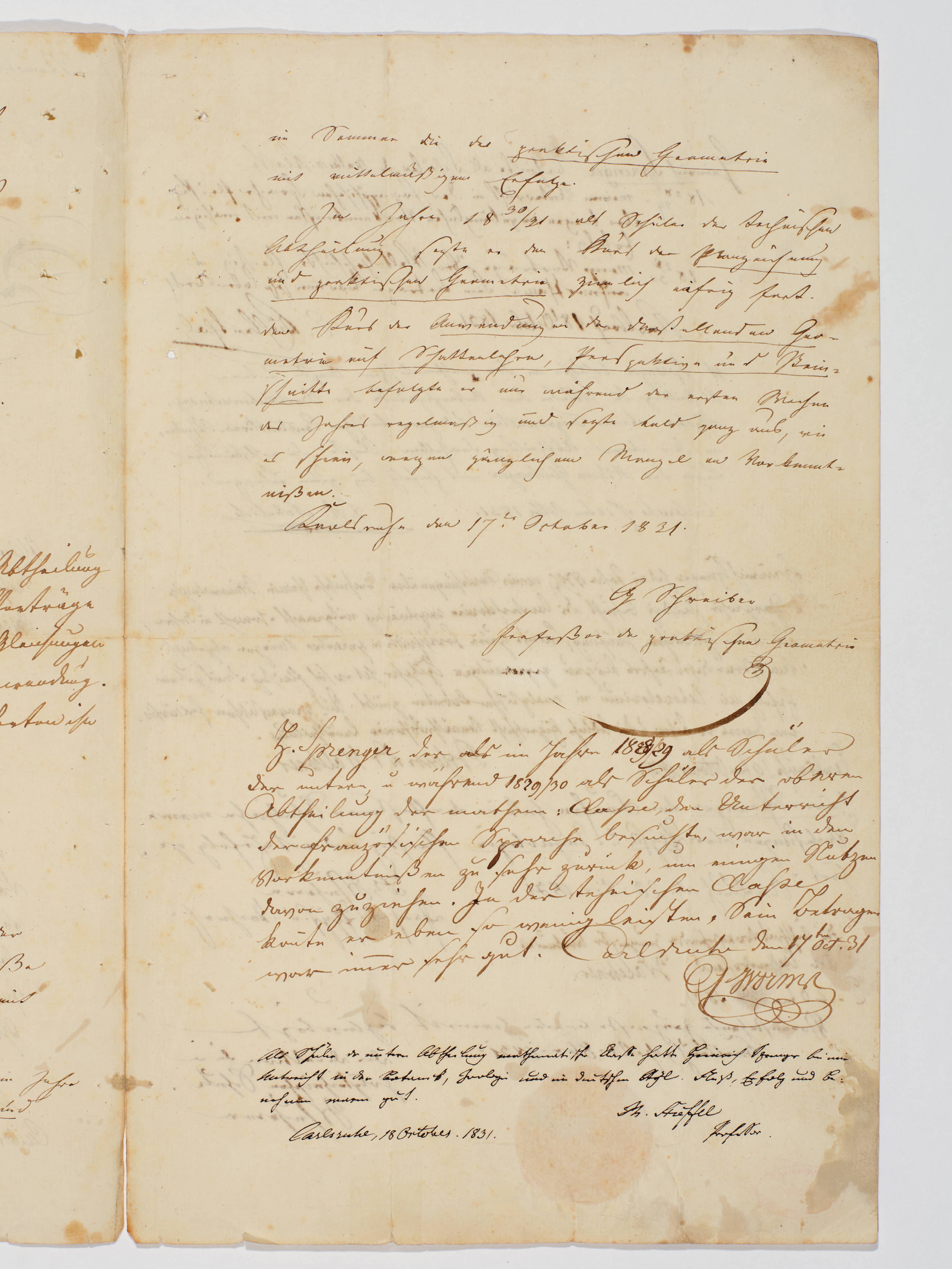Certificate from Karlsruhe Polytechnical College for Heinrich Sprenger, October 15-21, 1831. KIT Archives 29002/1.1.2, page 3 (sheet 2r). Photograph: Amadeus Bramsiepe and Jonas Zilius.