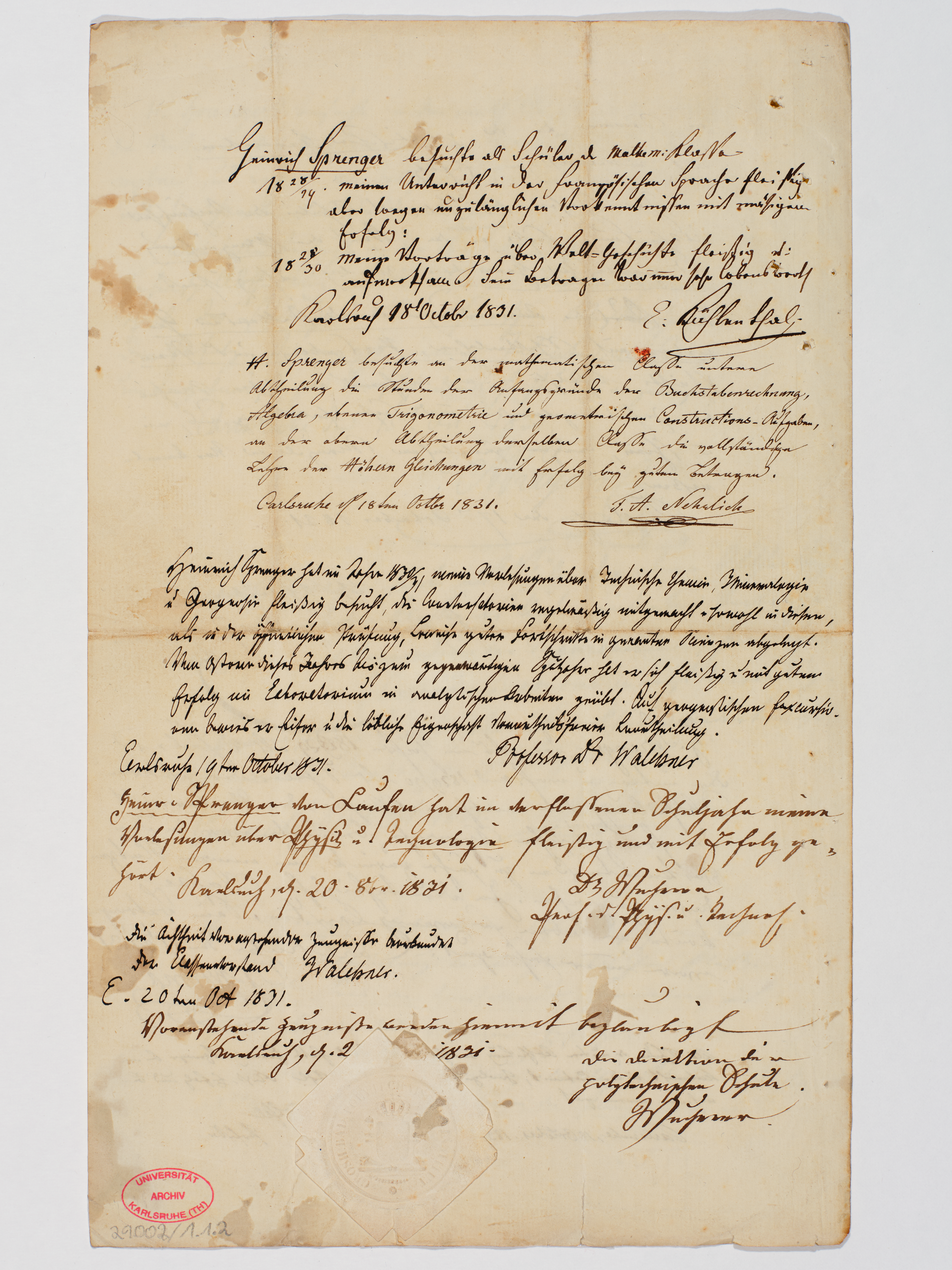 Certificate from Karlsruhe Polytechnical College for Heinrich Sprenger, October 15-21, 1831. KIT Archives 29002/1.1.2, page 4 (sheet 2v). Photograph: Amadeus Bramsiepe and Jonas Zilius.