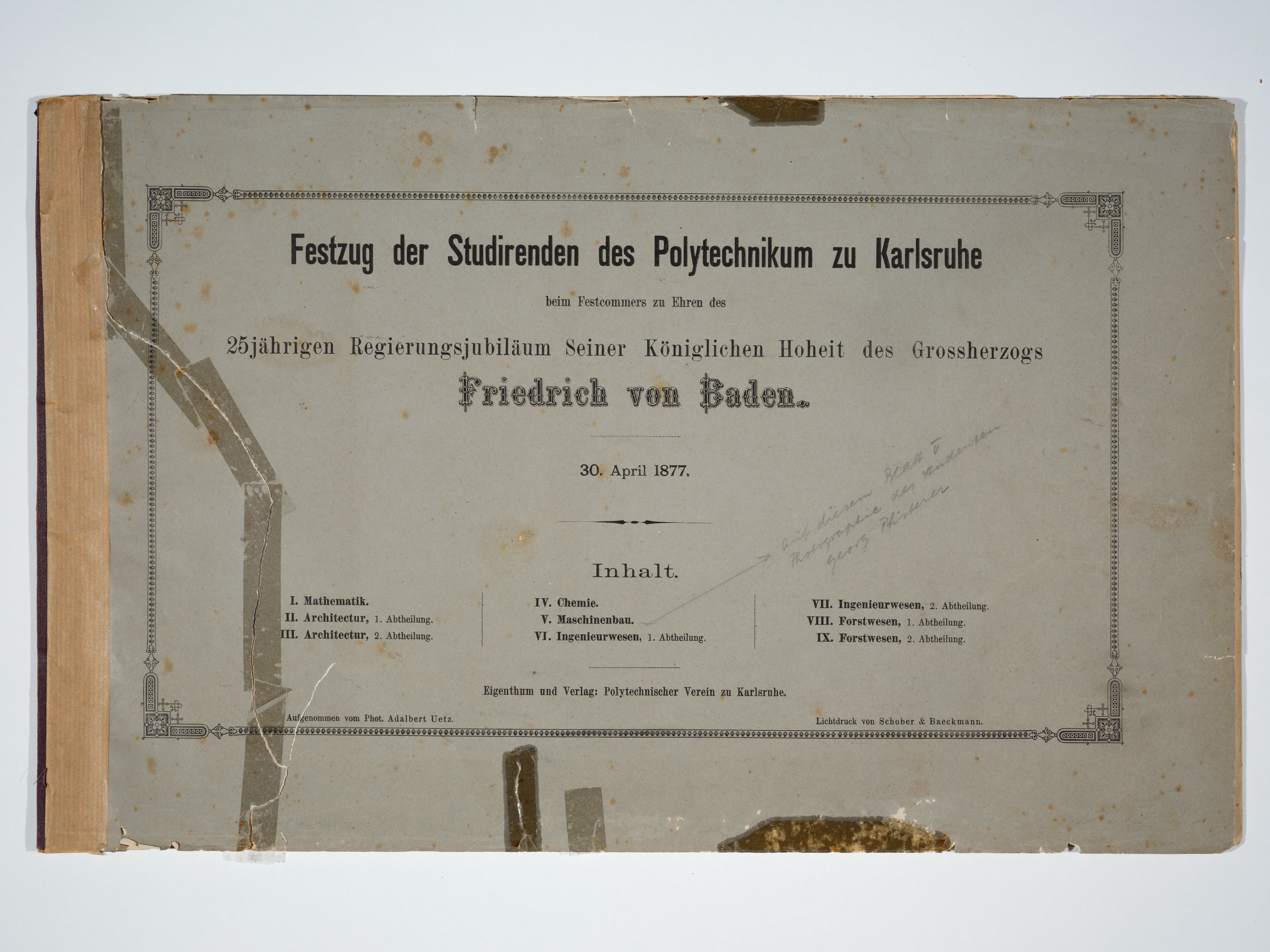 Print: "Festzug der Studirenden des Polytechnikum zu Karlsruhe [...]", here: Front page. Photograph: Amadeus Bramsiepe and Jonas Zilius.