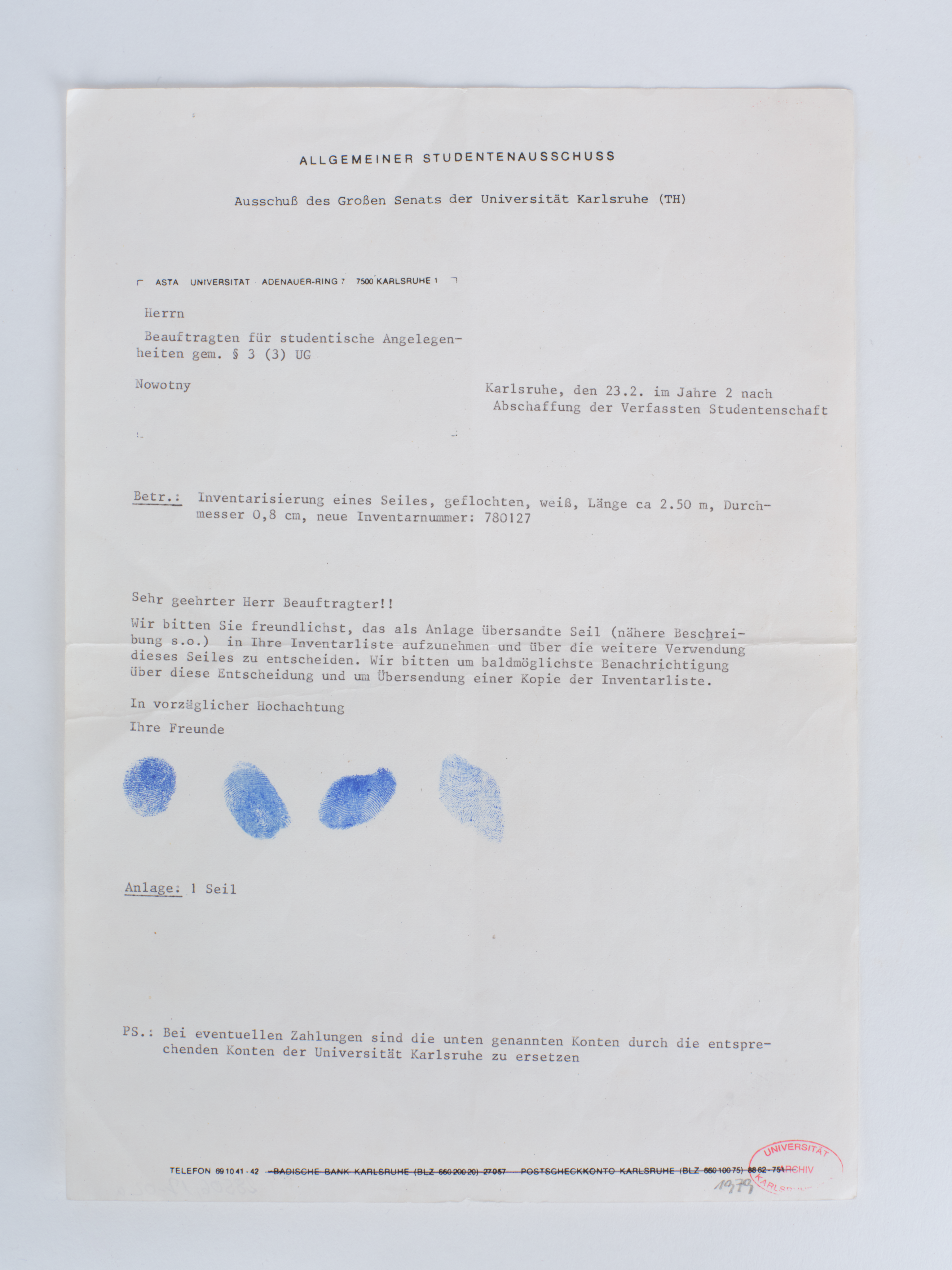 Anonymous letter from members of the General Student Committee in the Great Senate of the University of Karlsruhe to the representative for student affairs at Karlsruhe University (Wolfgang Nowotny) pursuant to § 3 (3) of the Baden-Württemberg University Act, February 23, 1979. KIT Archives 28506/17. Photograph: Amadeus Bramsiepe and Jonas Zilius.