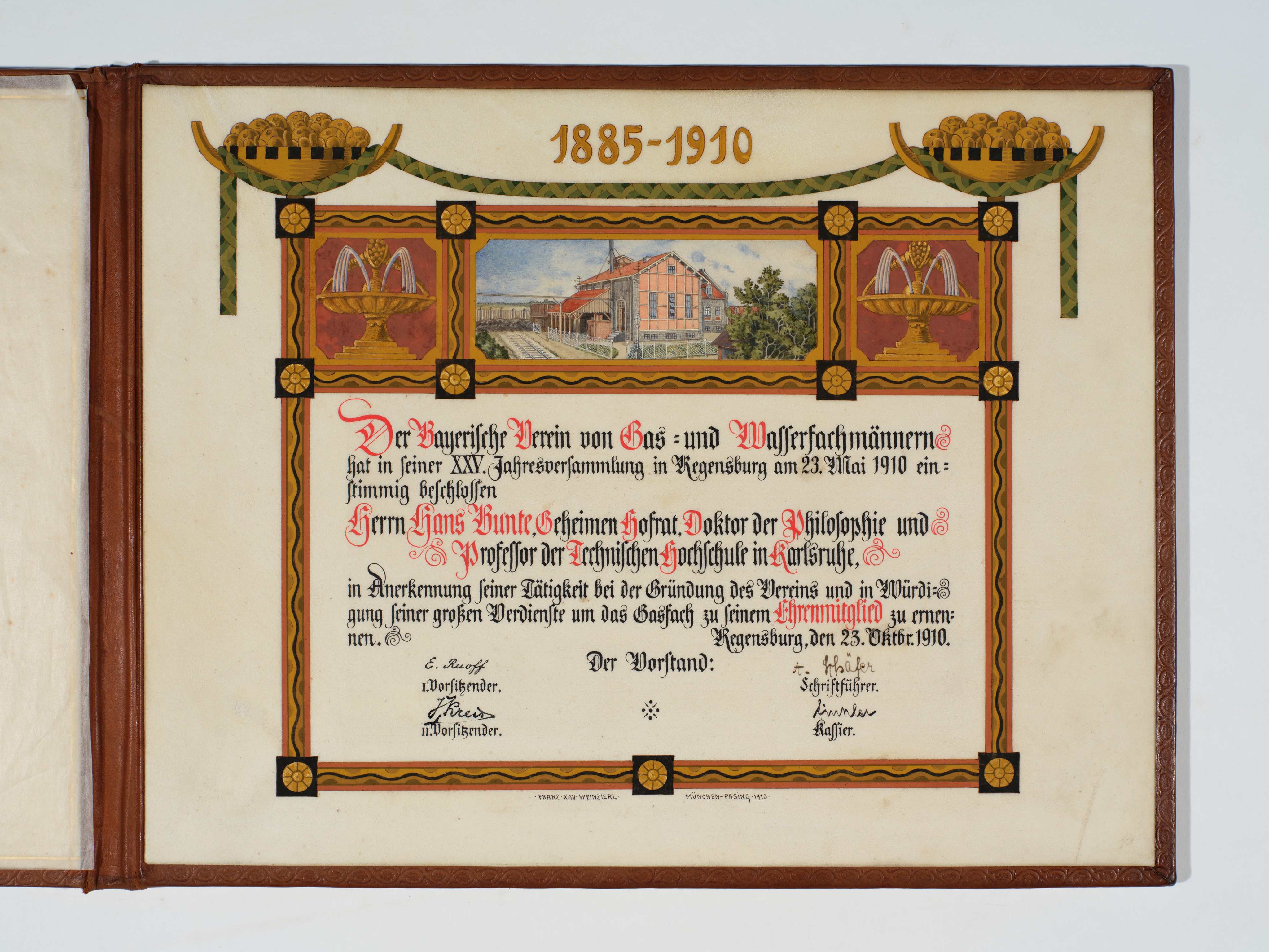 Certificate of Honorary Membership for Gas Chemist Hans Bunte