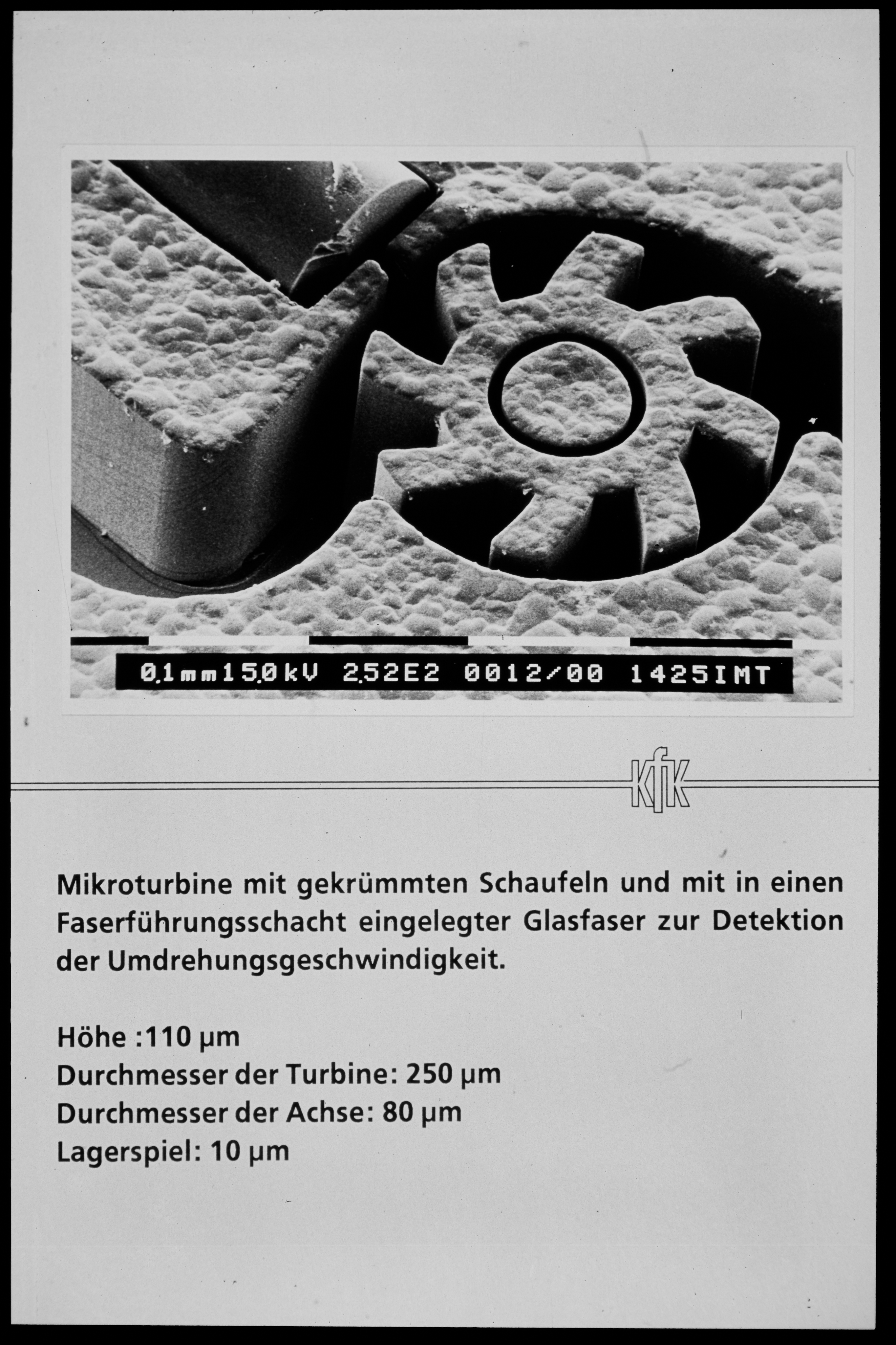 Scanning electron microscope image of a microturbine, 1990, photographer unknown. KIT Archives 28028/19413.