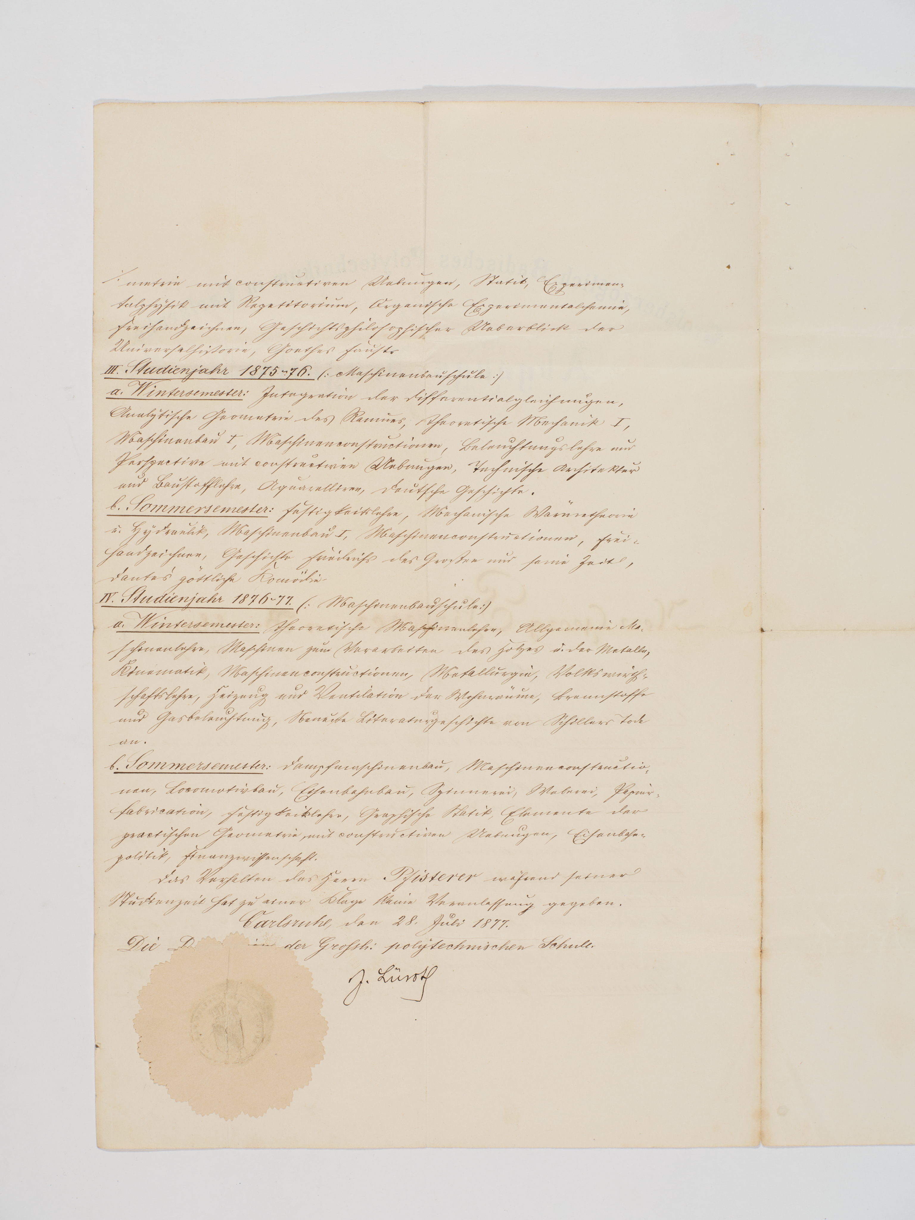 Leaving certificate for Georg Pfisterer, July 28, 1877. KIT Archives 27084/22,  page 2 (sheet 1v). Photograph: Amadeus Bramsiepe an Jonas Zilius.