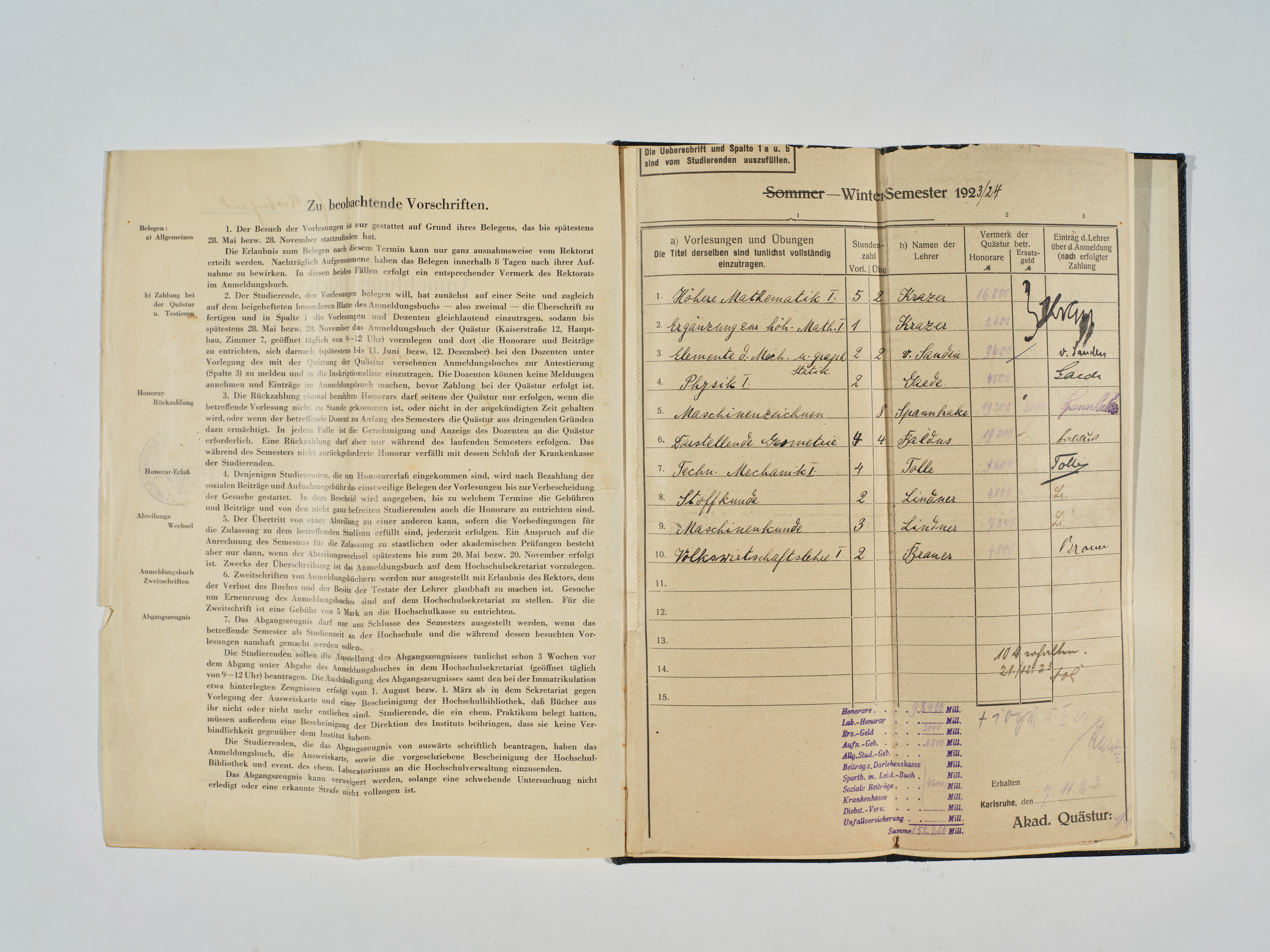 Study fees of the hyperinflation in Werner Görlacher's student book for the winter semester 1923/24. KIT Archives 28005/20. Photograph: Amadeus Bramsiepe and Jonas Zilius.