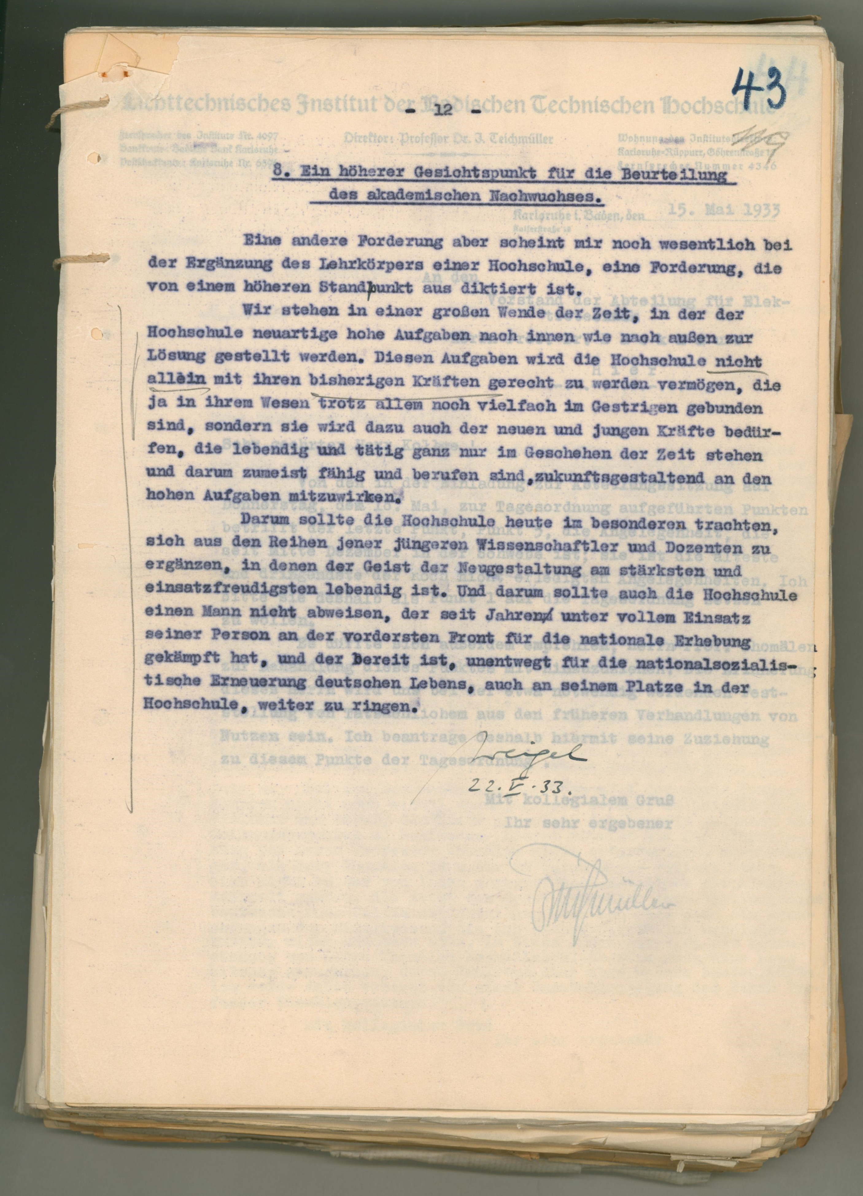 Personnel file on Rudolf Weigel, here: final page of Weigel's submission in defense of his initially rejected habilitation thesis. KIT Archives 21011/538.