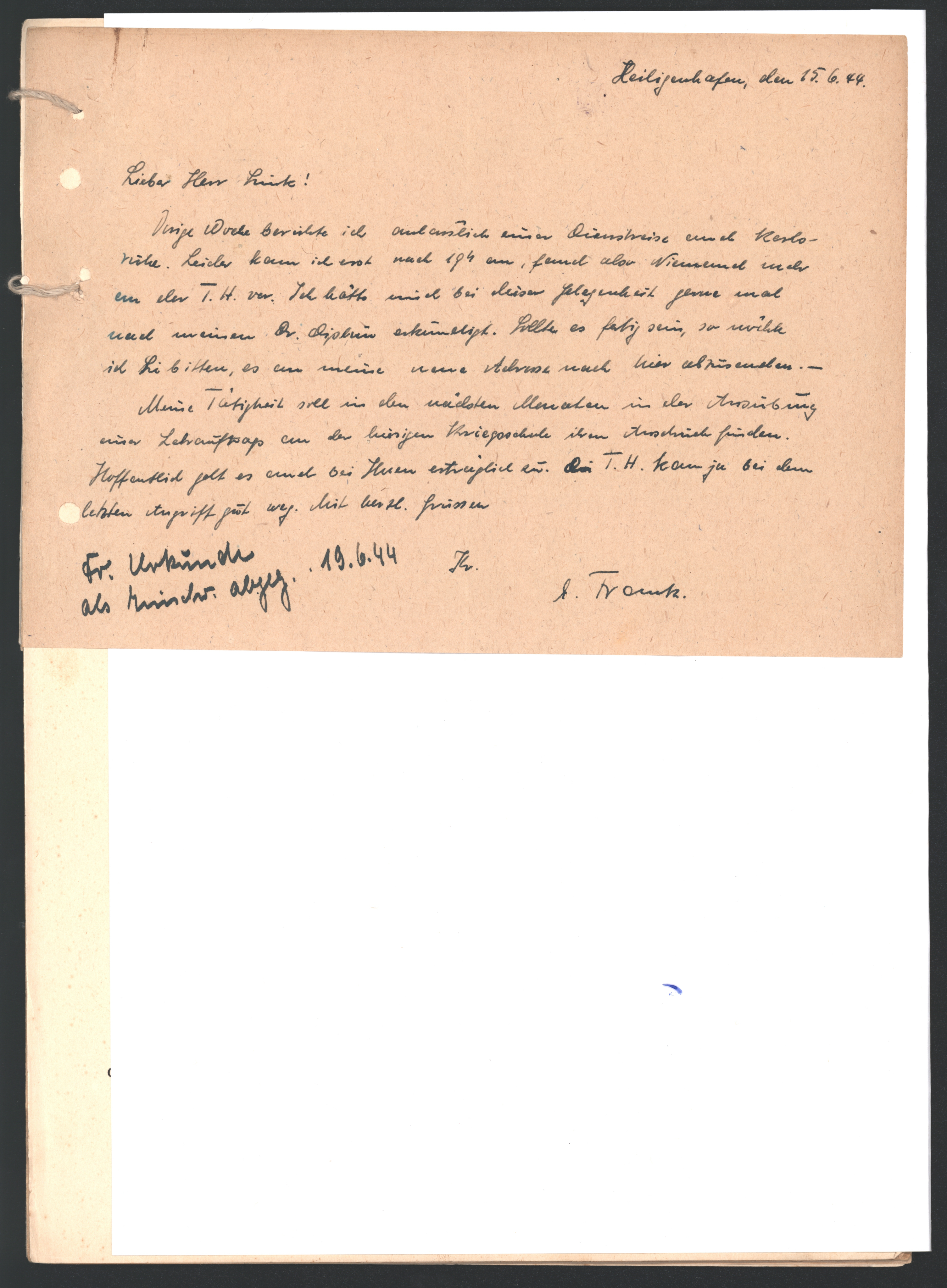 Akte der Technischen Hochschule Karlsruhe über die geheime Promotion von Emil Frank, Seite 11. KIT-Archiv 21013/1069.