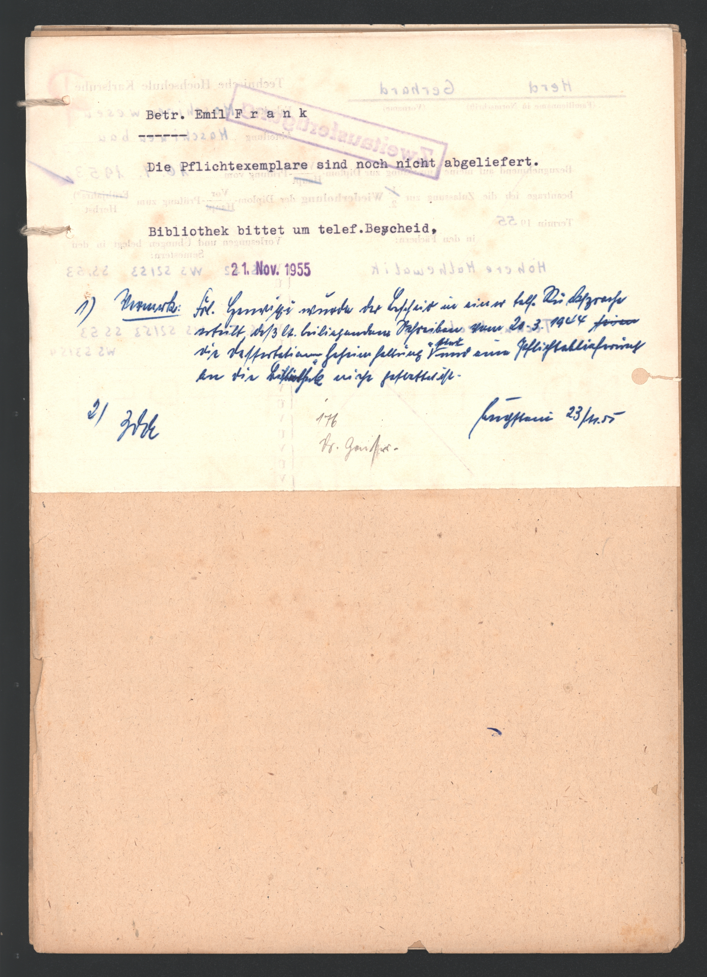 Akte der Technischen Hochschule Karlsruhe über die geheime Promotion von Emil Frank, Seite 14. KIT-Archiv 21013/1069.