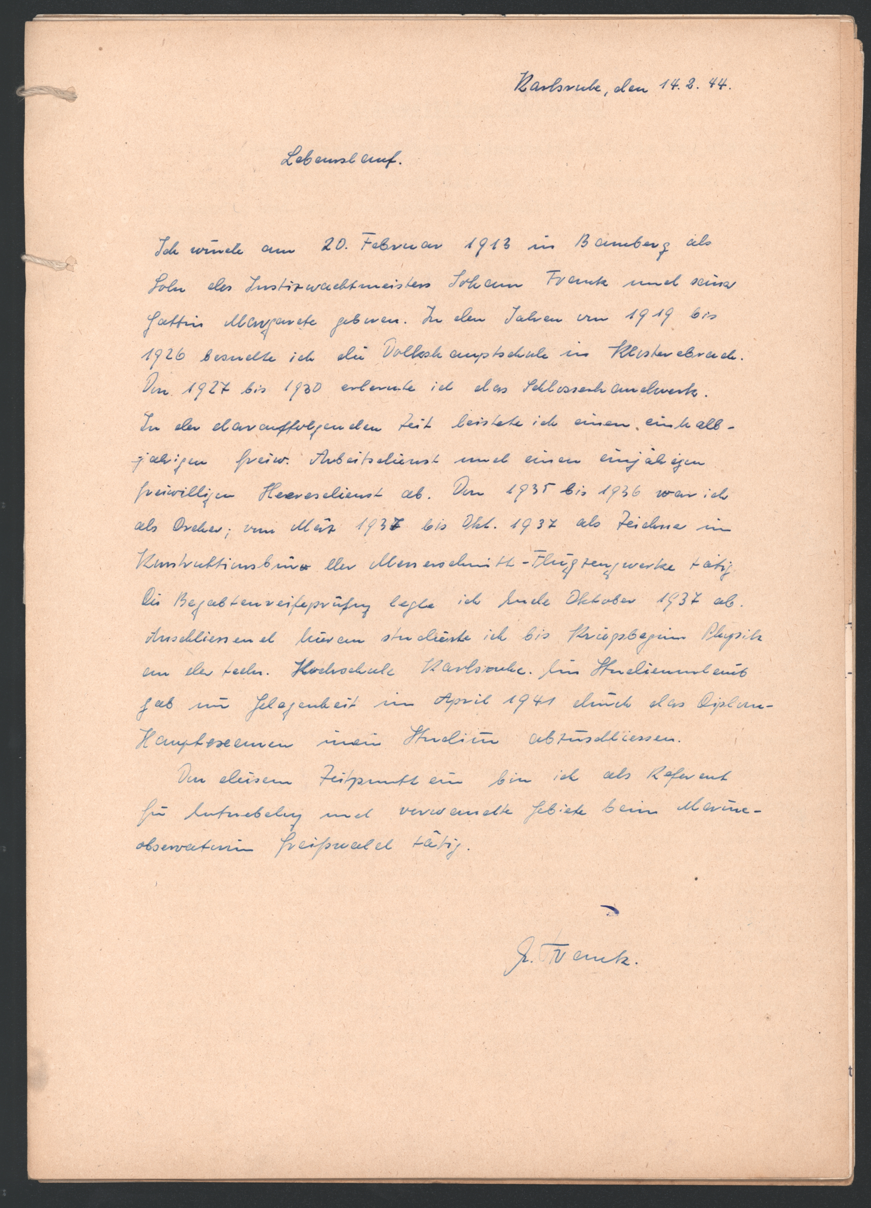 Akte der Technischen Hochschule Karlsruhe über die geheime Promotion von Emil Frank, Seite 2. KIT-Archiv 21013/1069.