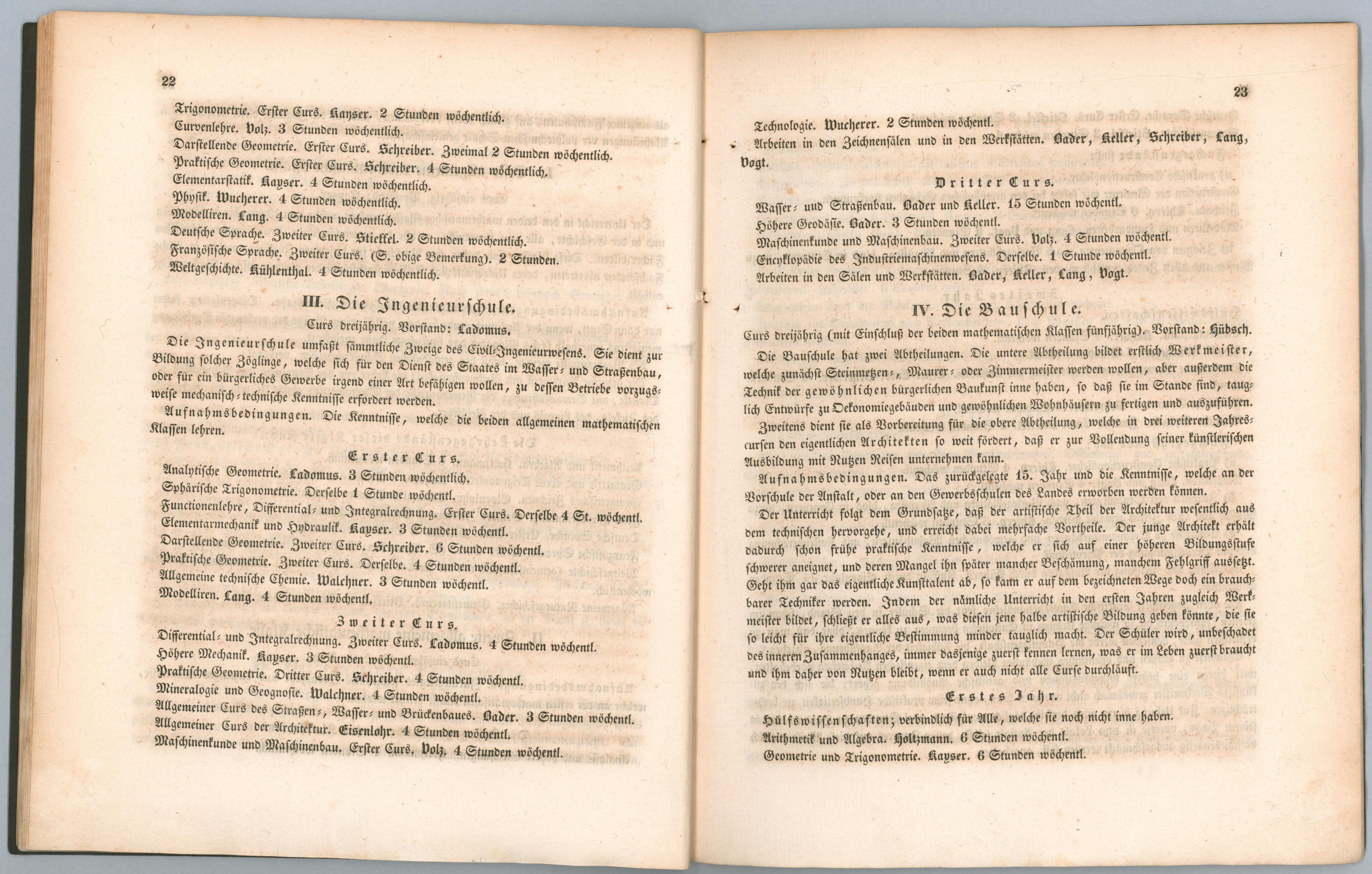 Program of the Polytechnical College Karlsruhe for the year 1832-33, page 22-23.