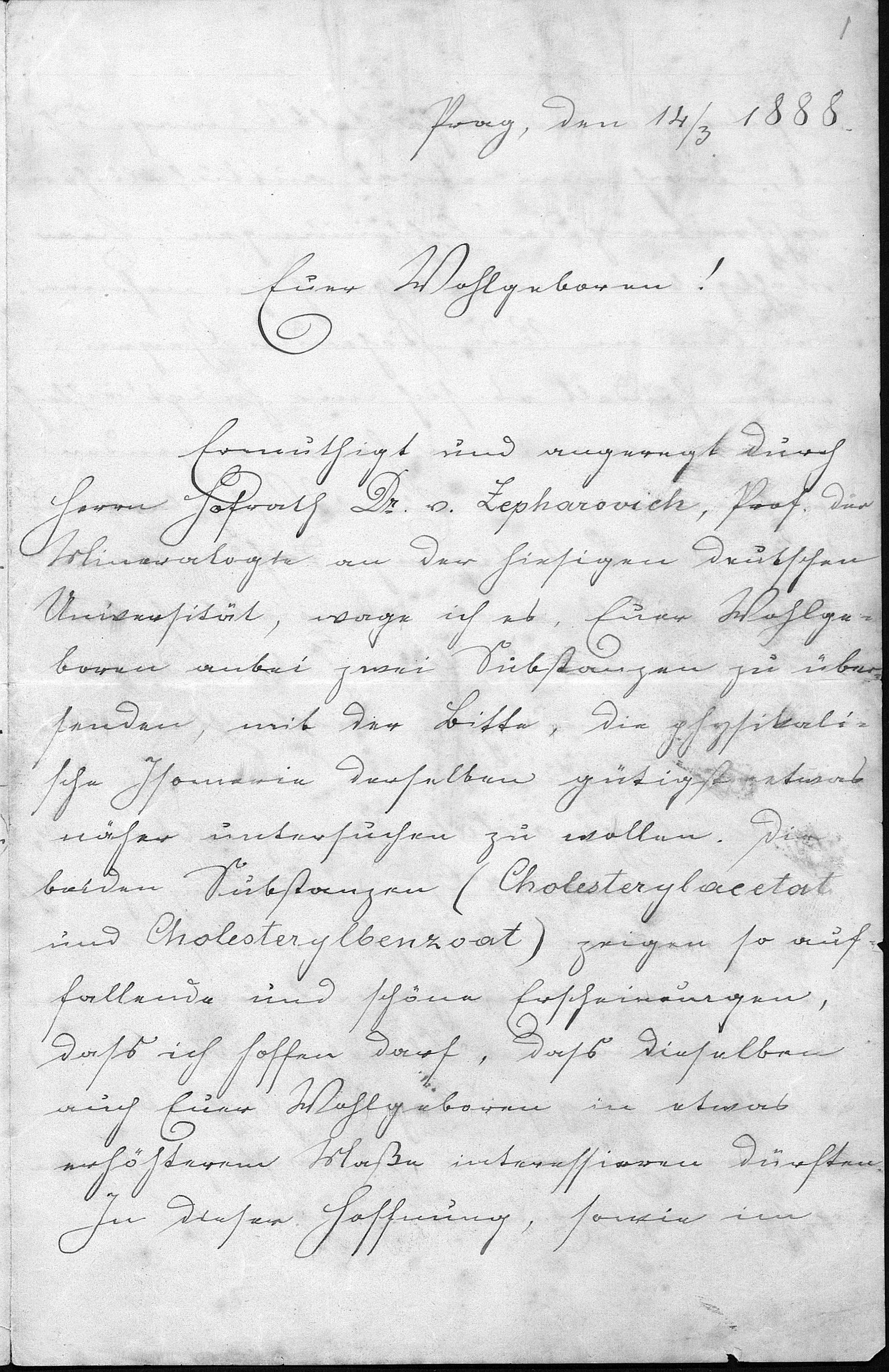 Friedrich Reinitzer an Otto Lehmann mit der ersten Beobachtung von Flüssigkristallen, 14.03.1888, Seite 1.
