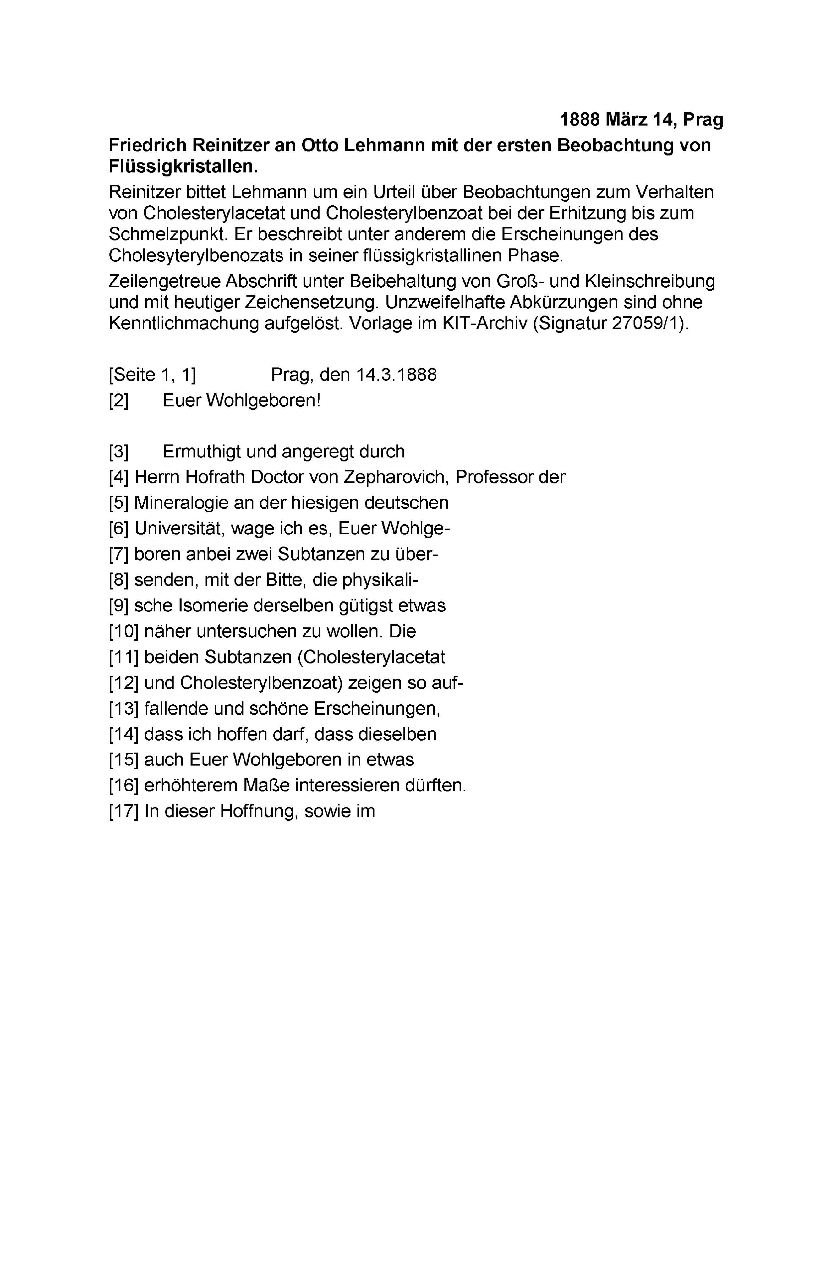 Friedrich Reinitzer an Otto Lehmann mit der ersten Beobachtung von Flüssigkristallen, 14.03.1888, Seite 1.