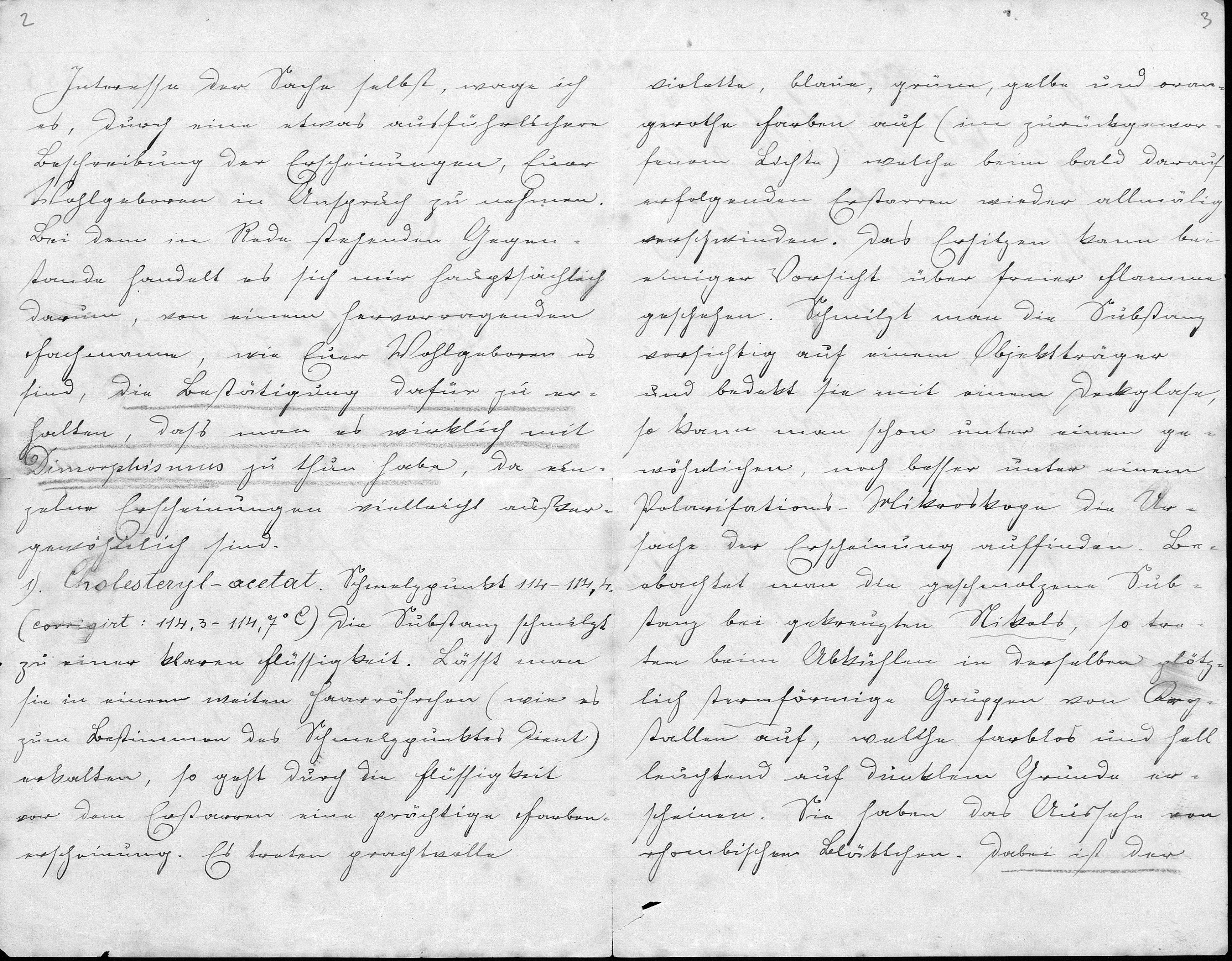 Friedrich Reinitzer an Otto Lehmann mit der ersten Beobachtung von Flüssigkristallen, 14.03.1888, Seite 2-3.