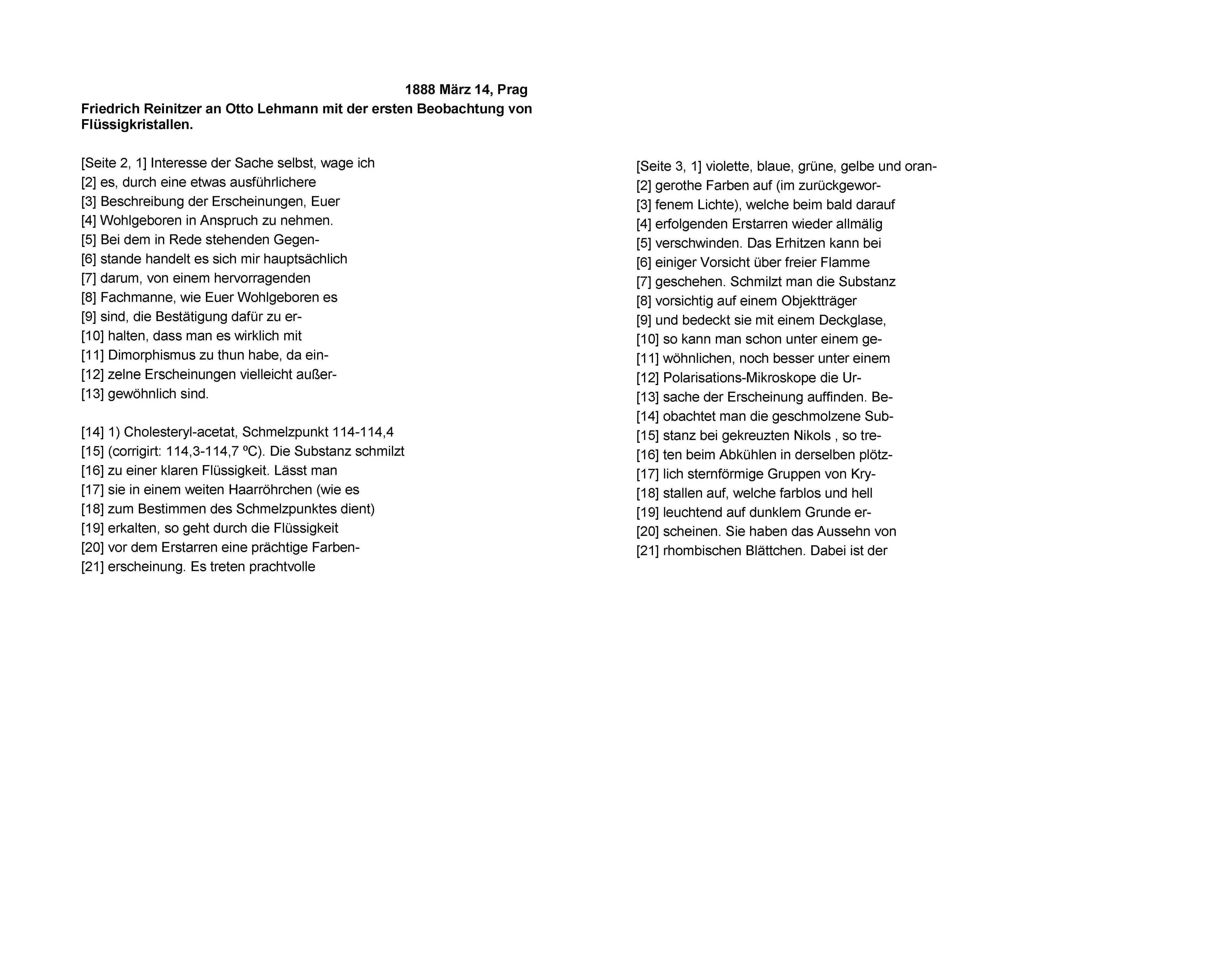Friedrich Reinitzer an Otto Lehmann mit der ersten Beobachtung von Flüssigkristallen, 14.03.1888, Seite 2-3.
