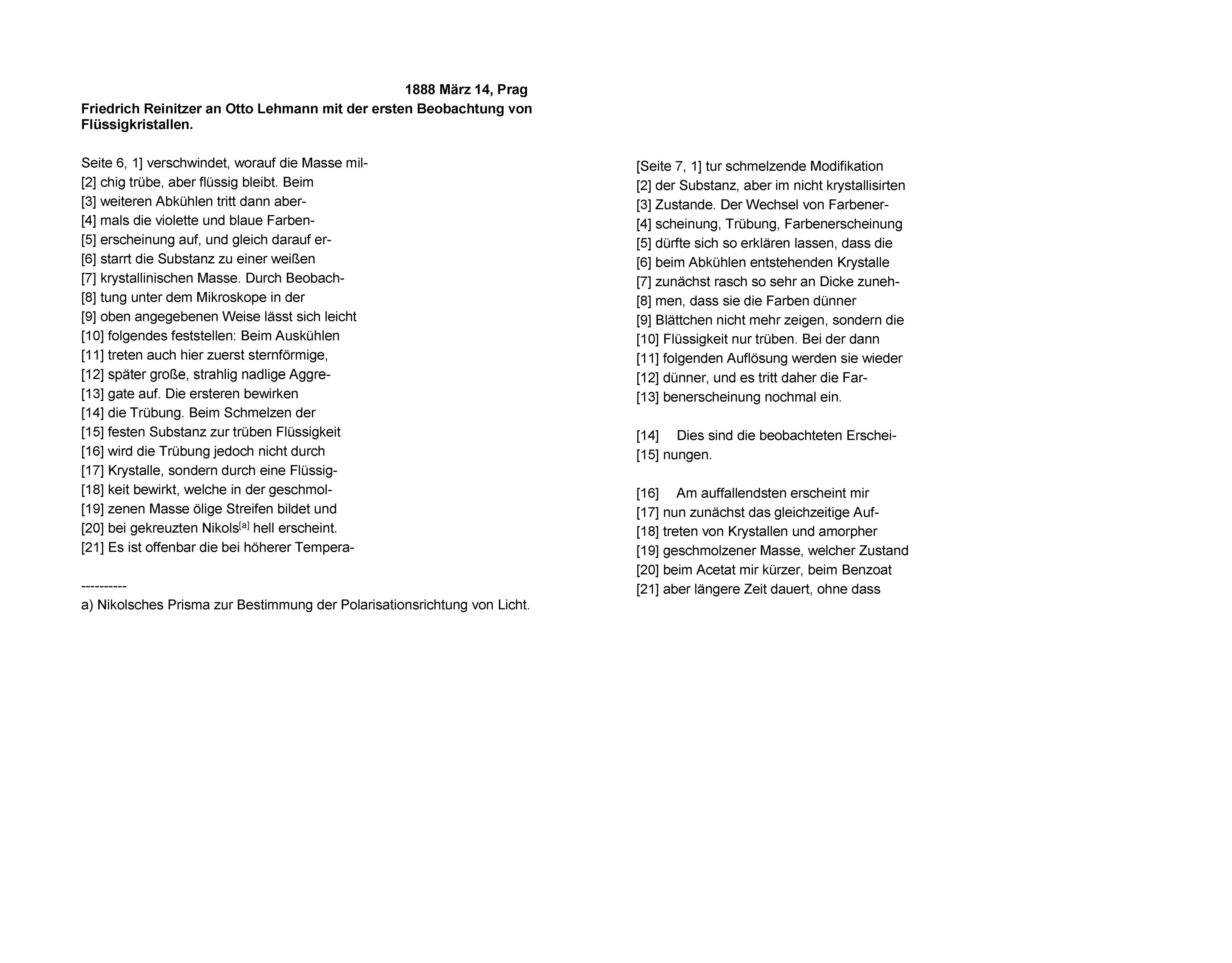 Friedrich Reinitzer an Otto Lehmann mit der ersten Beobachtung eines Flüssigkristalls, 14.03.1888, Seite 6-7.