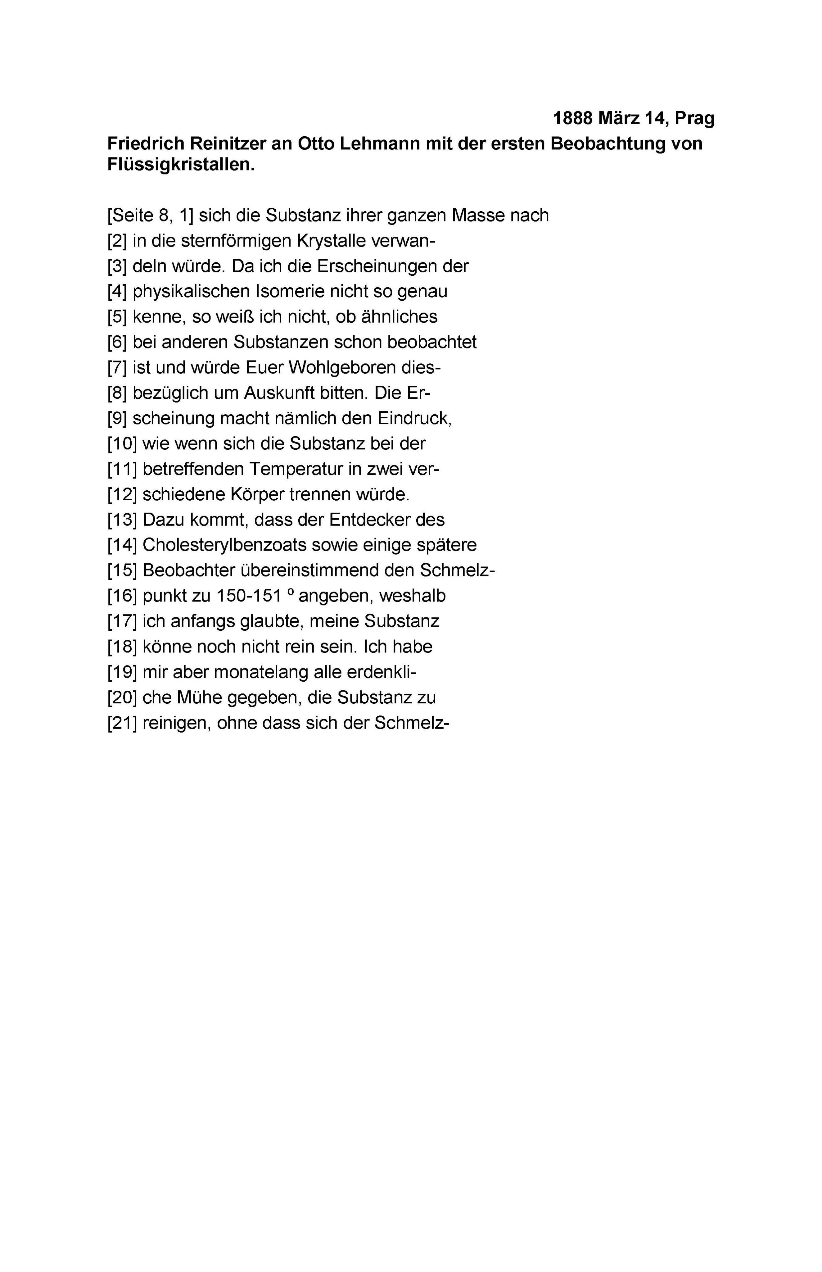 Friedrich Reinitzer an Otto Lehmann mit der ersten Beobachtung eines Flüssigkristalls, 14.03.1888, Seite 8.