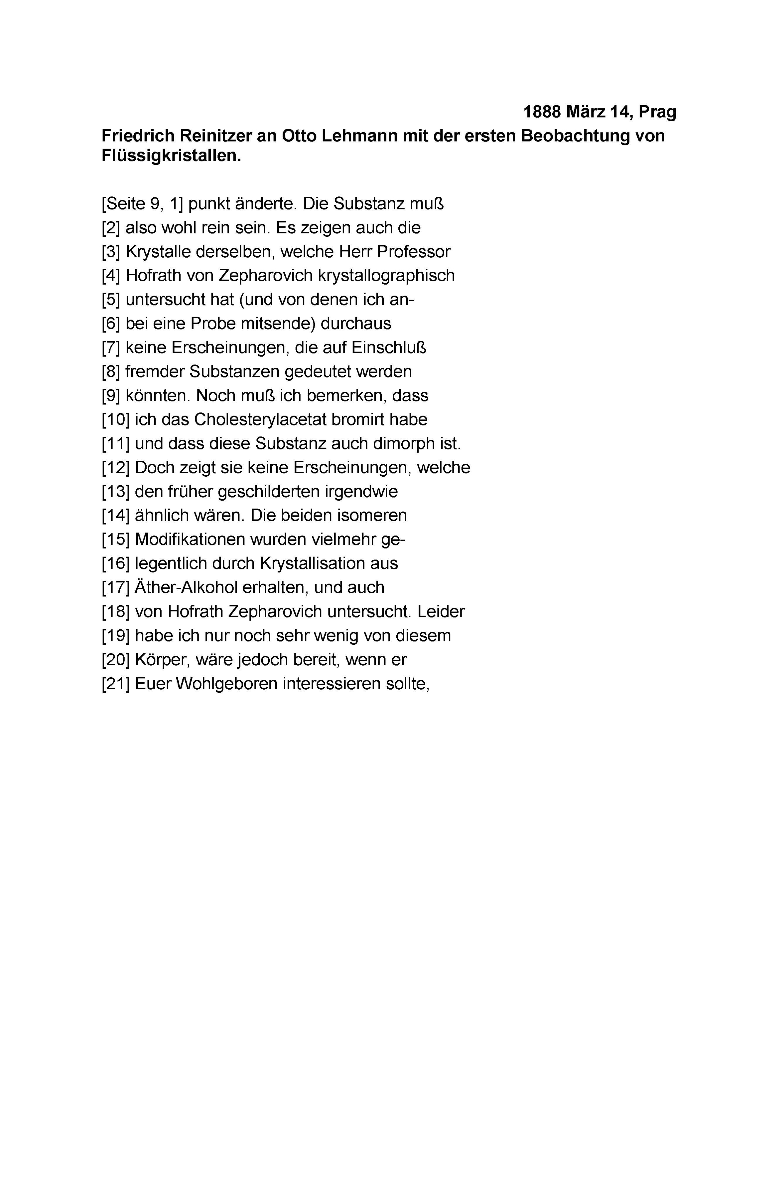 Friedrich Reinitzer an Otto Lehmann mit der ersten Beobachtung eines Flüssigkristalls, 14.03.1888, Seite 9.