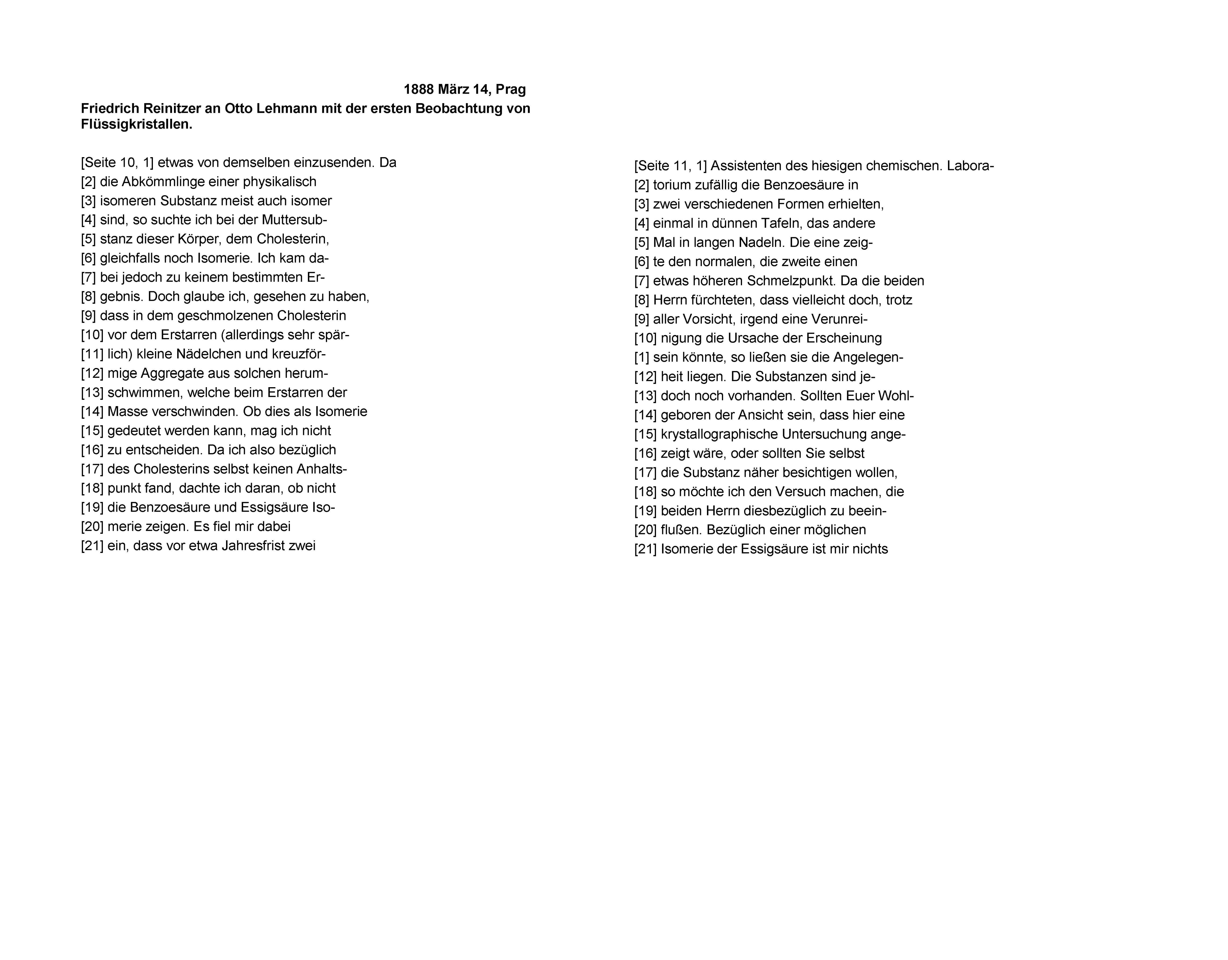 Friedrich Reinitzer an Otto Lehmann mit der ersten Beobachtung eines Flüssigkristalls, 14.03.1888, Seite 10-11.