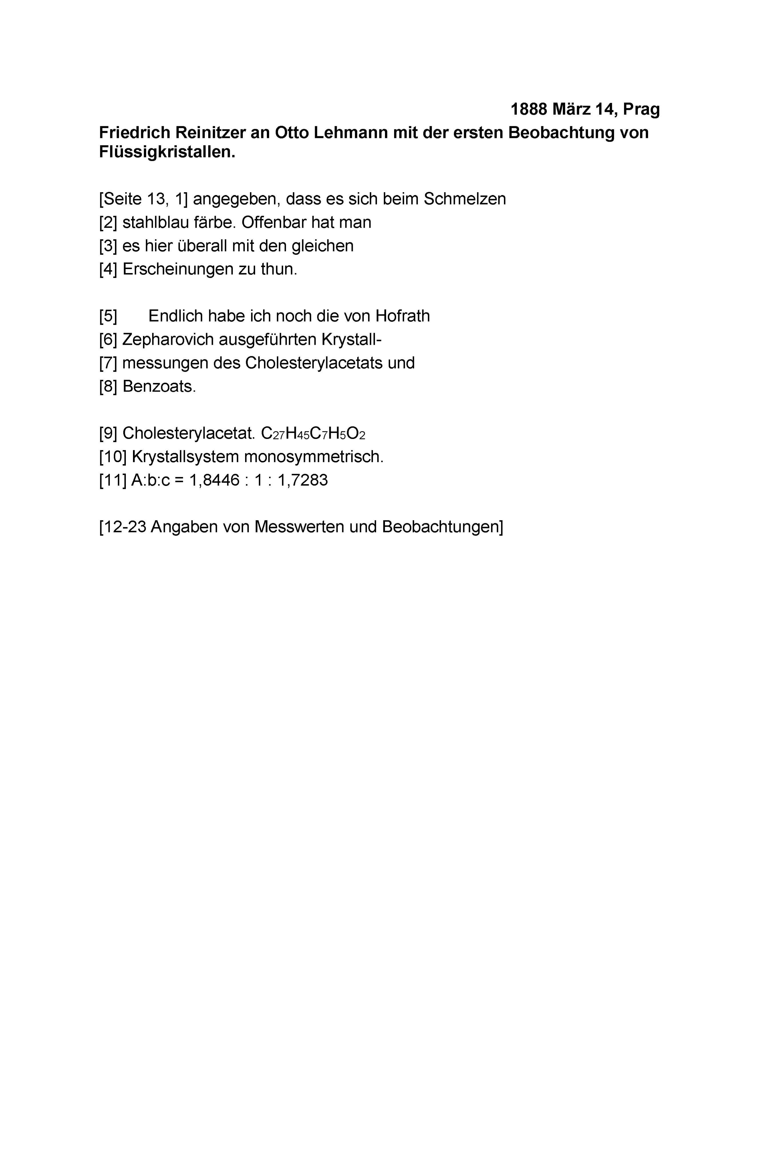 Friedrich Reinitzer an Otto Lehmann mit der ersten Beobachtung eines Flüssigkristalls, 14.03.1888, Seite 13.