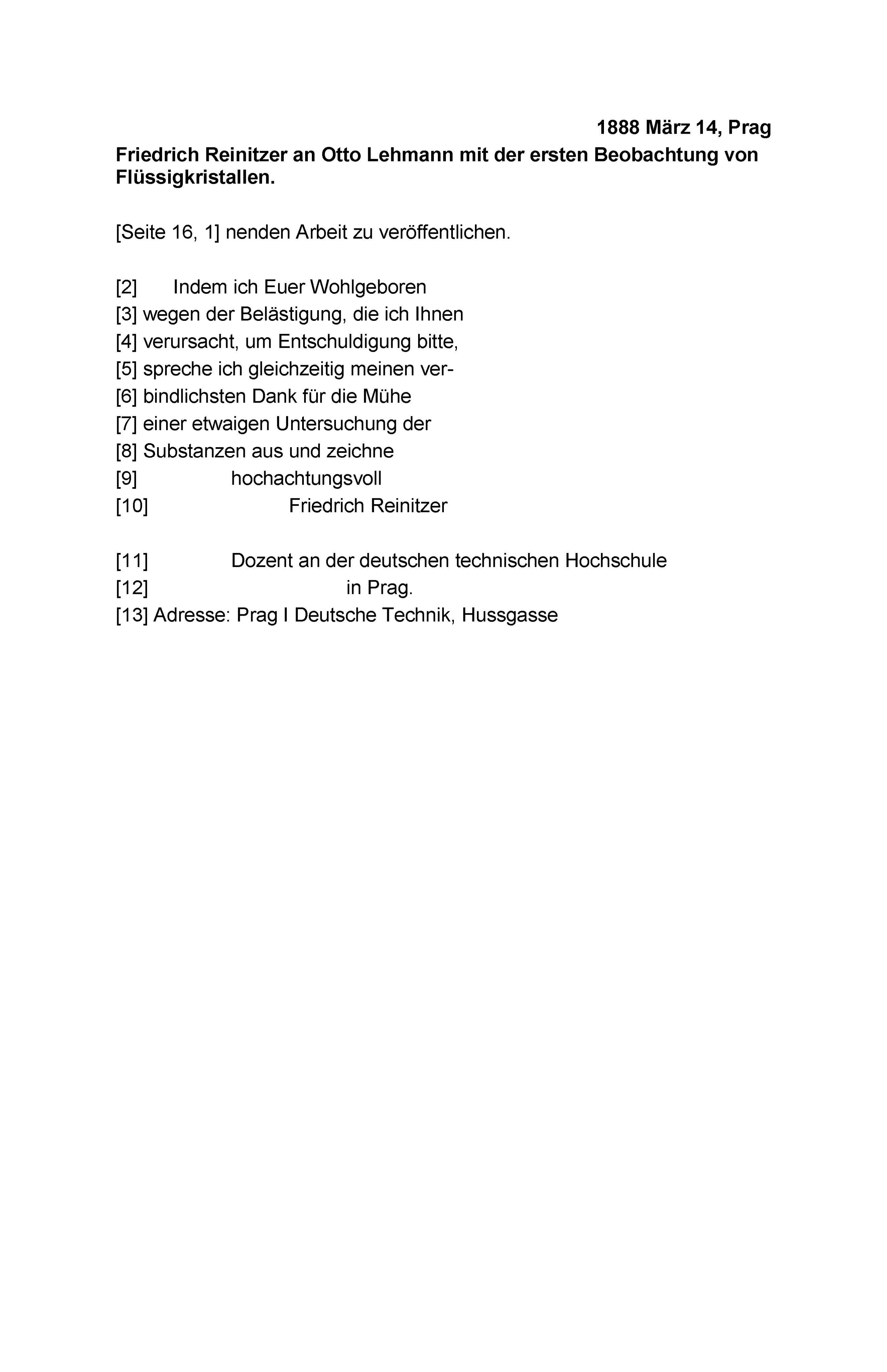 Friedrich Reinitzer an Otto Lehmann mit der ersten Beobachtung von Flüssigkristallen, 14.03.1888, Seite 16.